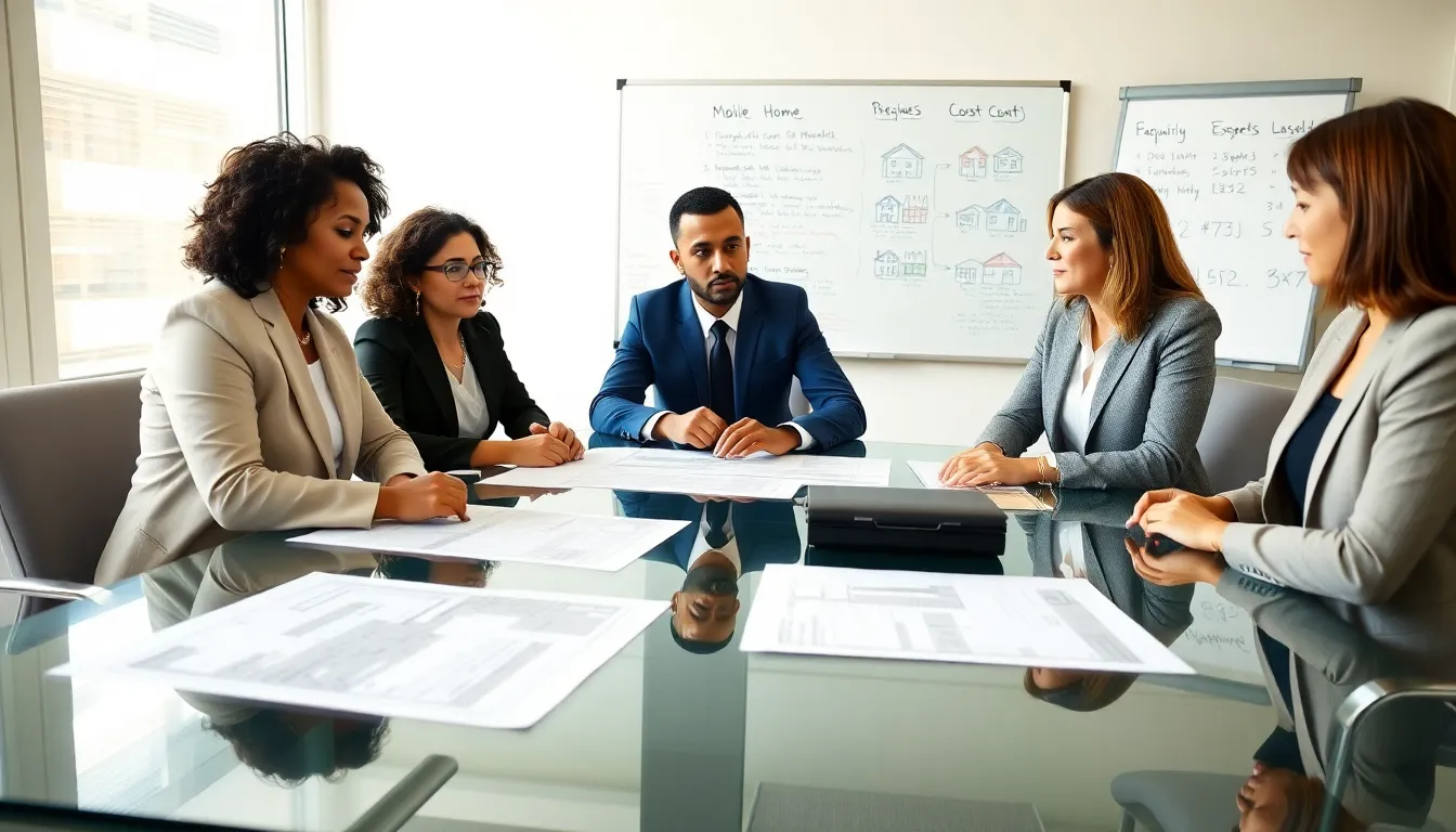 diverse team discussing mobile home buying costs in a modern office.
