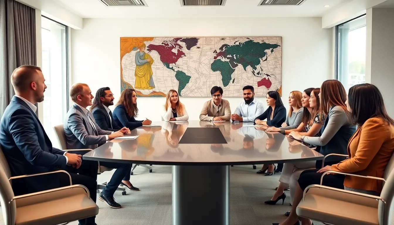 diverse group discussing cultural significance in a modern office.