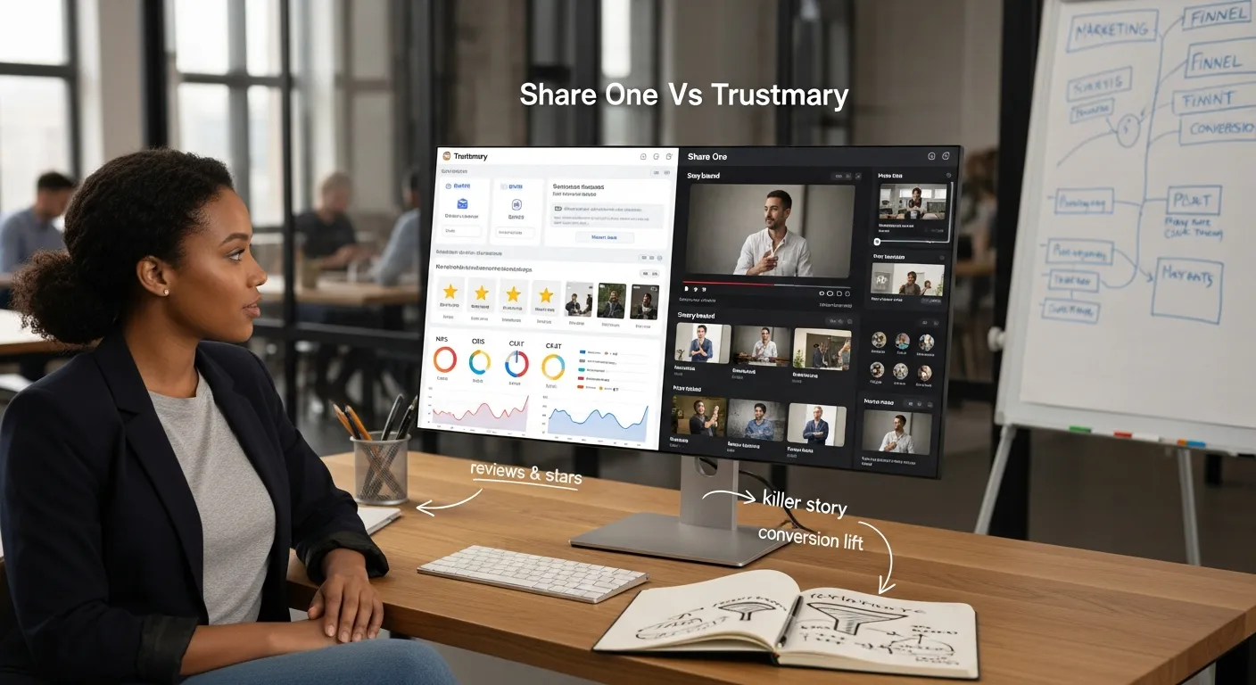 Marketing director comparing Share One and Trustmary side by side on an office monitor.