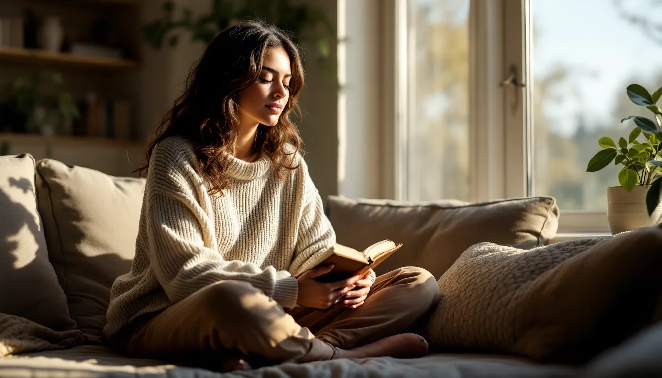 Woman sitting calmly on a wooden floor with tea and a journal at sunrise.