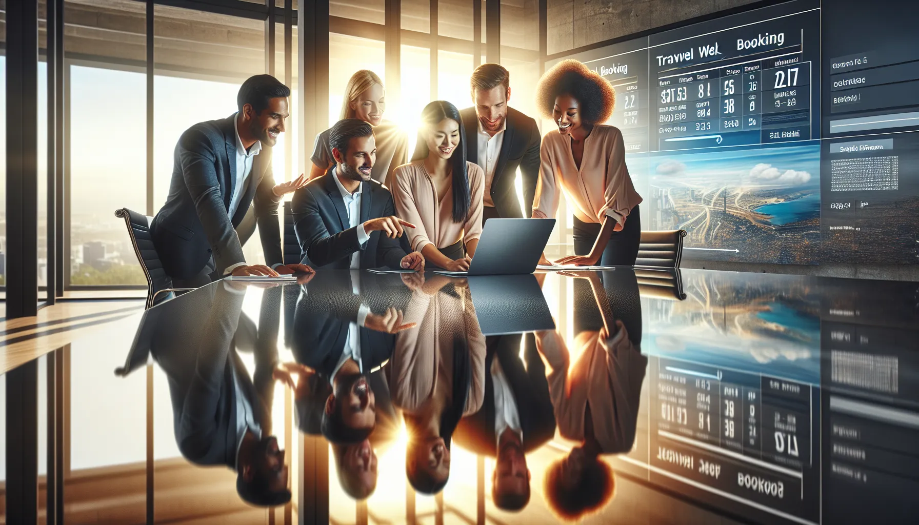 diverse team collaborating on travel bookings in a modern office.