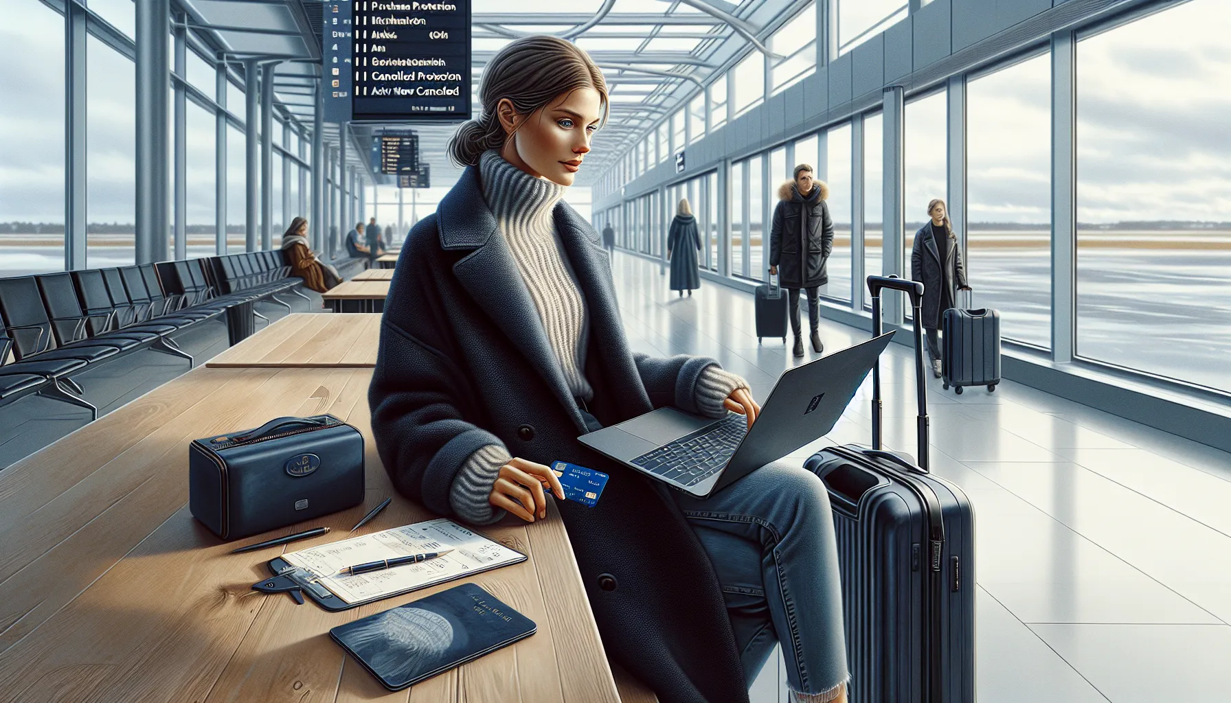 Norwegian traveler uses credit card to rebook cancelled flight in airport terminal.