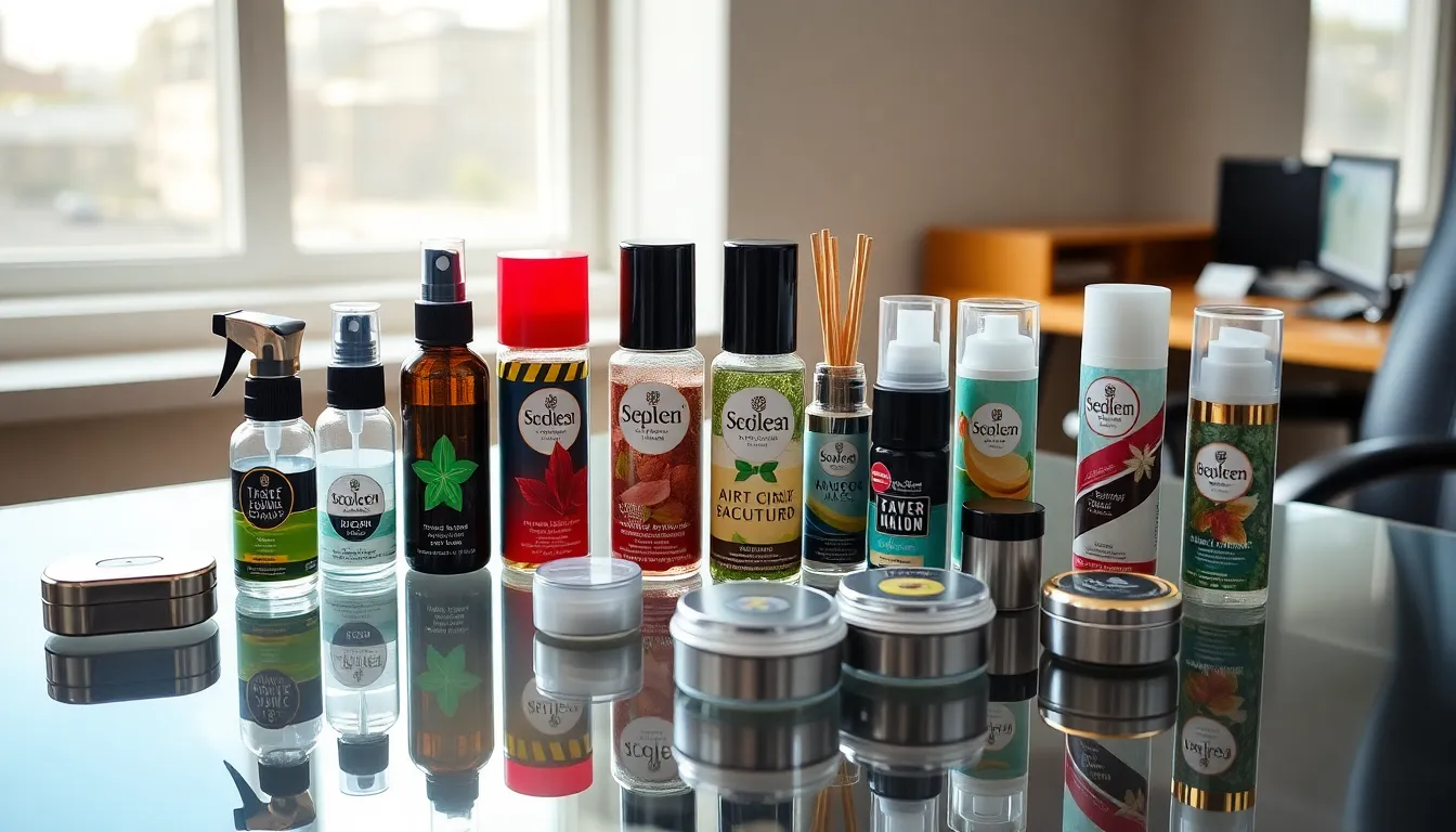 collection of travel size air fresheners on a glass table.