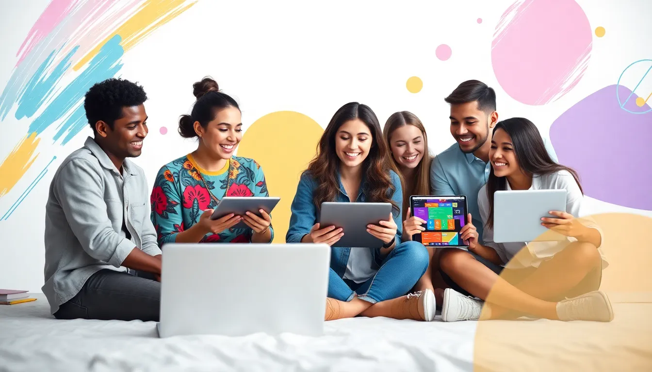 diverse group engaging with digital content in a vibrant setting.