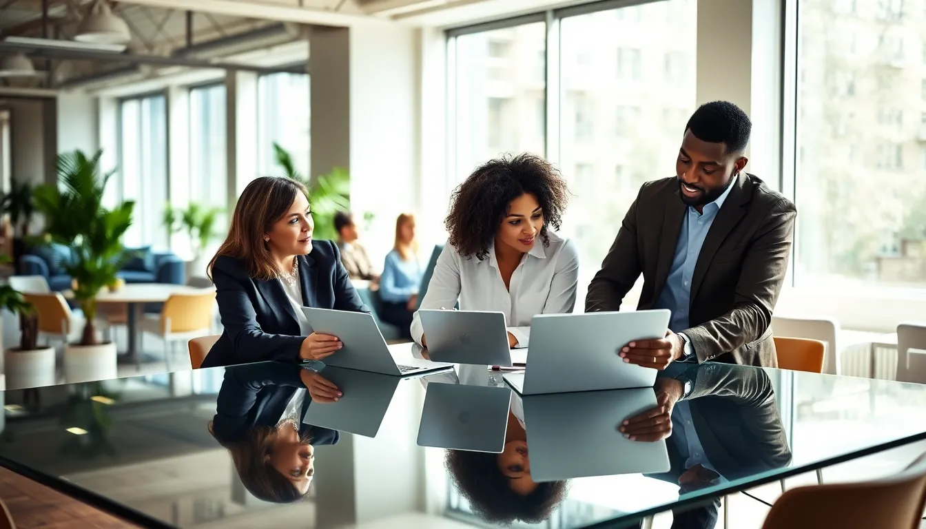 diverse professionals collaborating in a modern office on work-life balance.