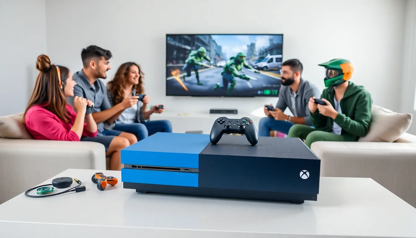diverse friends gaming with the Xbox One Halo Edition in a modern setup.