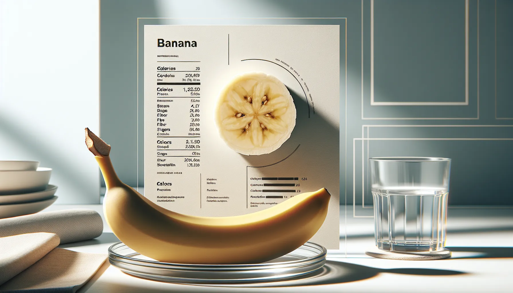 Sliced banana with nutrition facts in a modern kitchen.