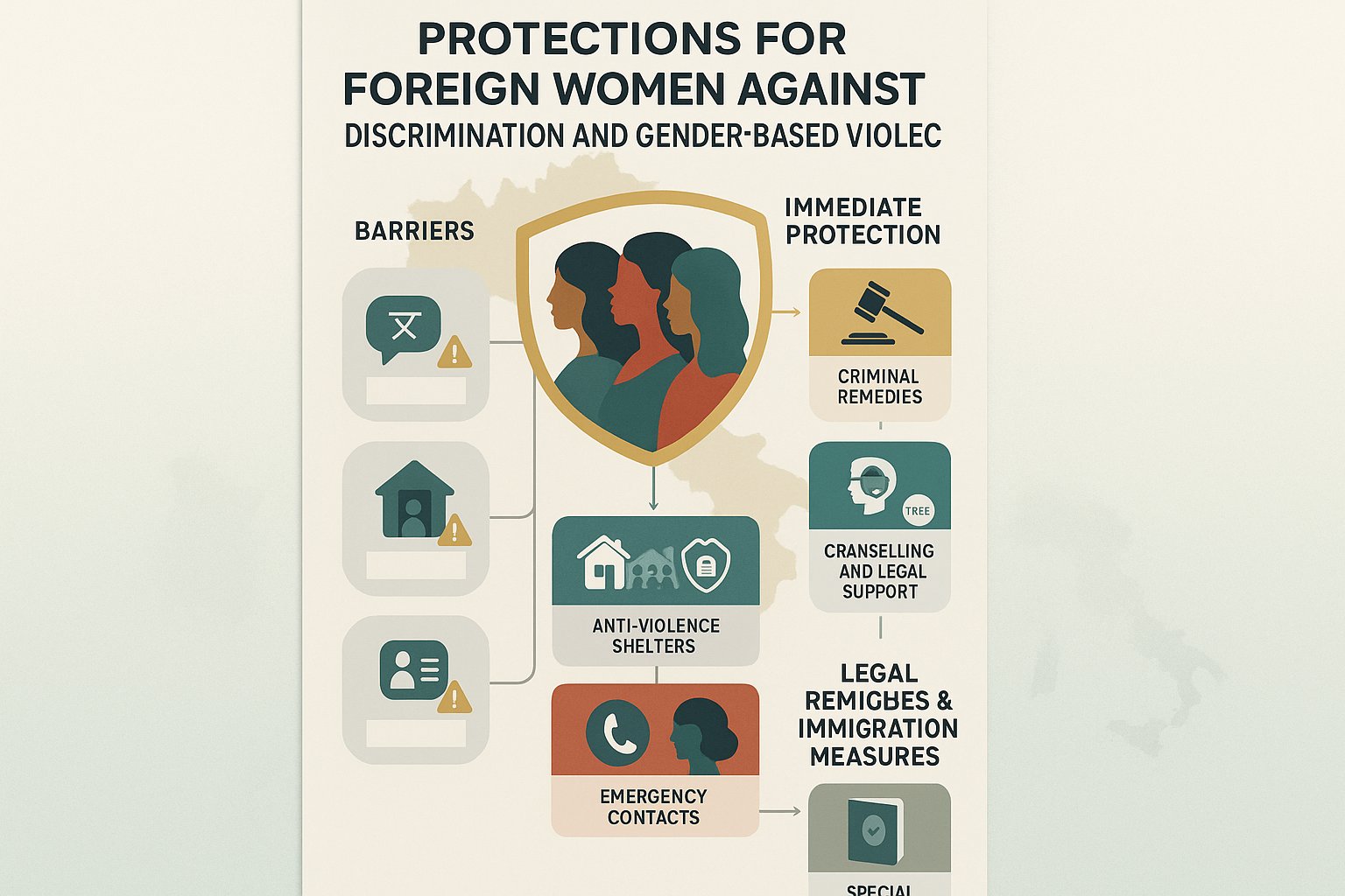 Infografica che mostra protezioni e servizi per le donne straniere in Italia.