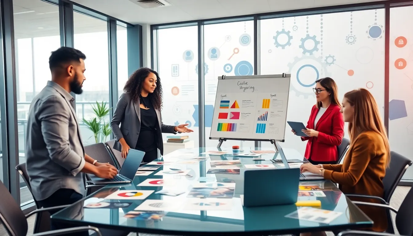 team collaborating on branding strategies in a modern office.