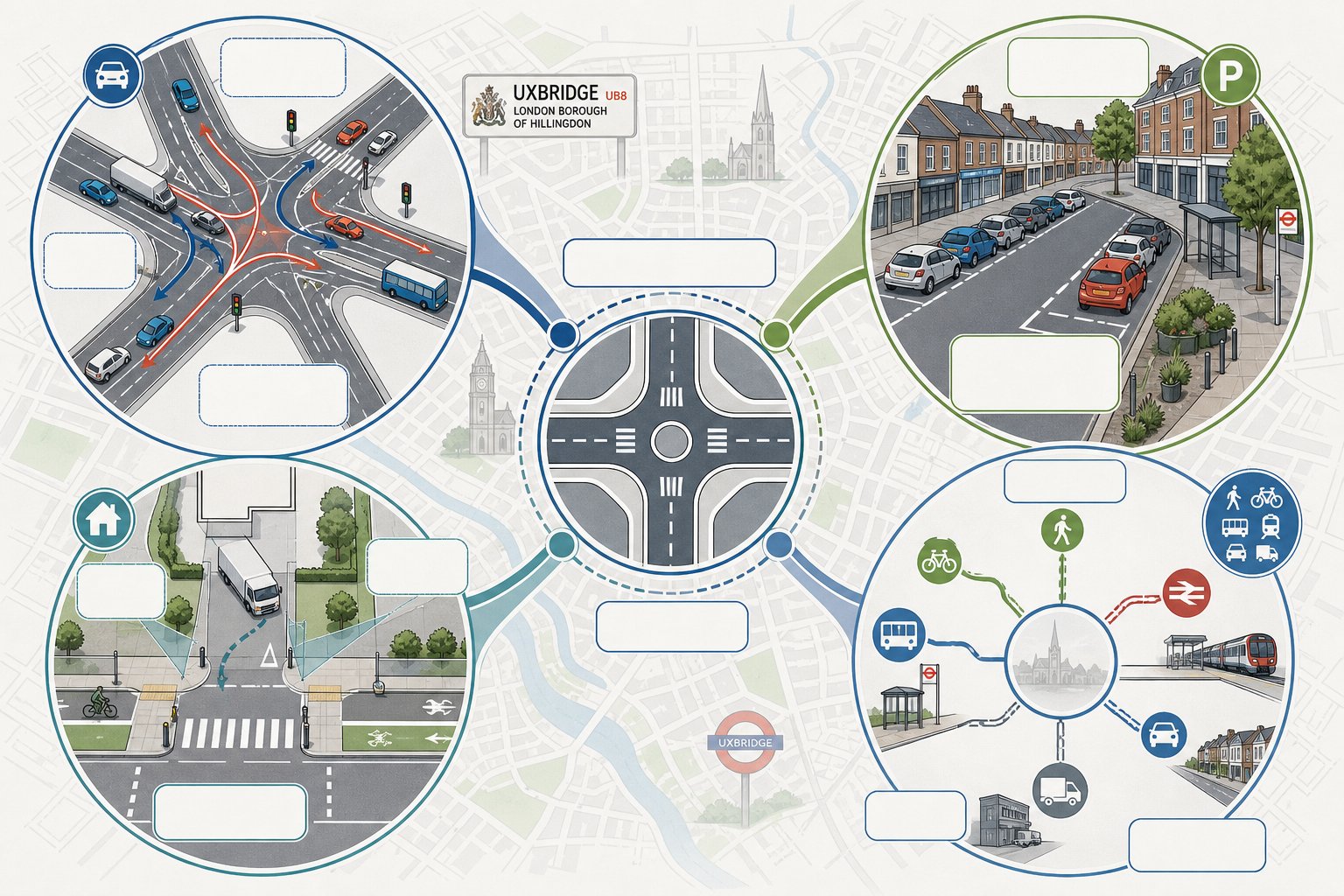 Infographic of Uxbridge transport planning challenges including junctions, parking, access, and travel modes.