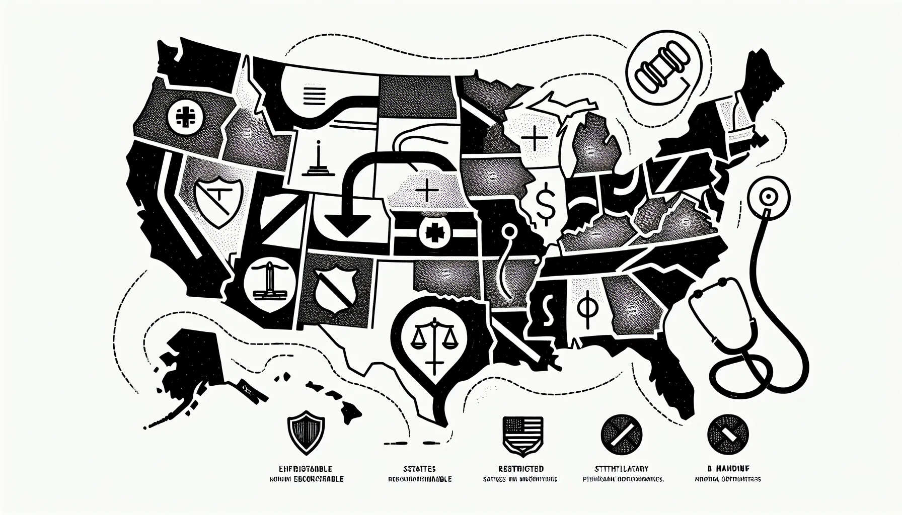 US map with icons showing enforceable, restricted, and banned physician noncompetes.
