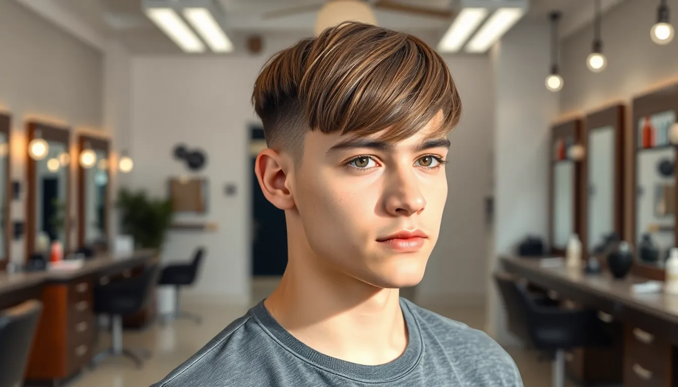 A man with a stylish straight hair mid fade taper haircut.