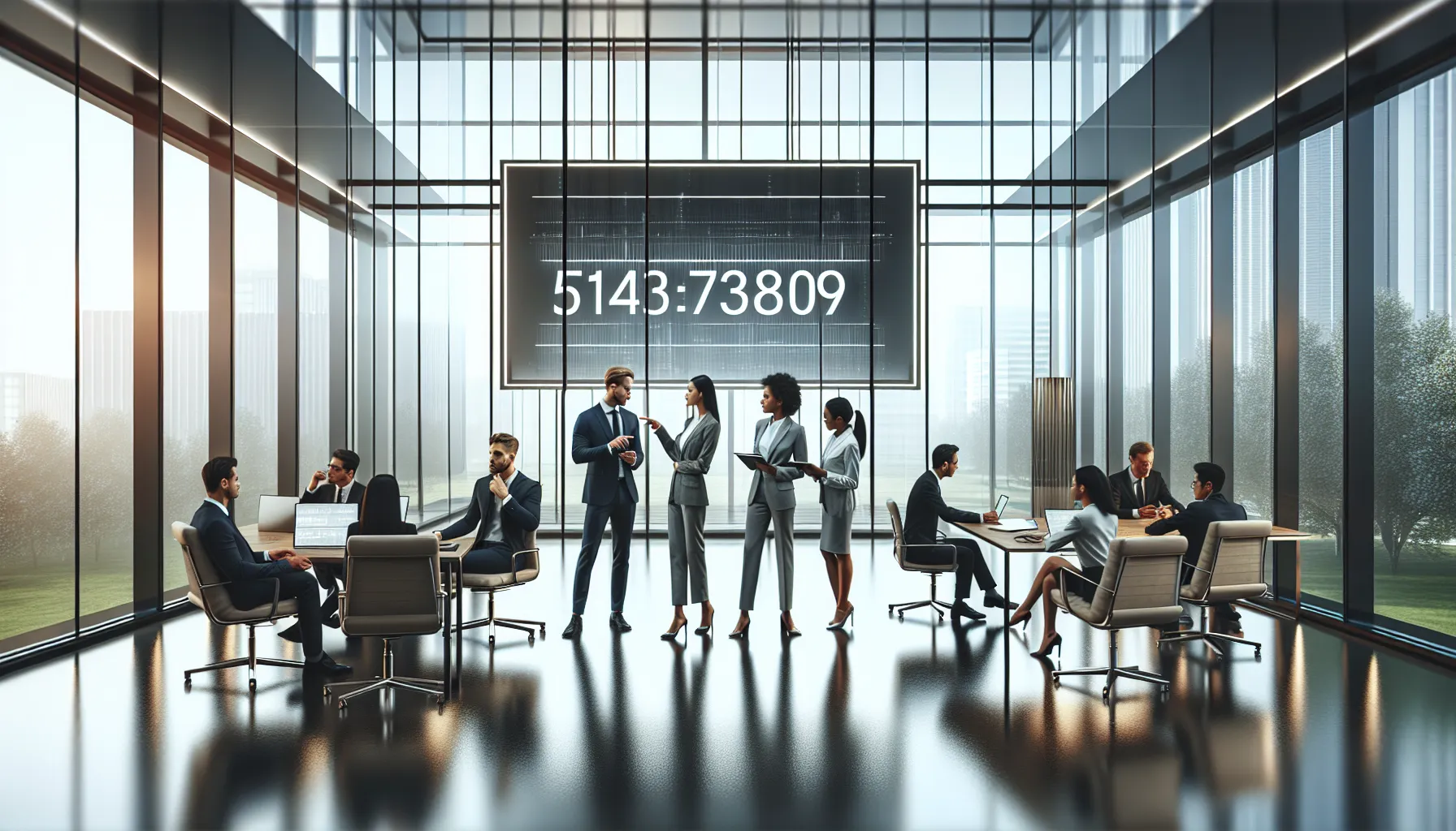 diverse professionals discussing data in a modern office.