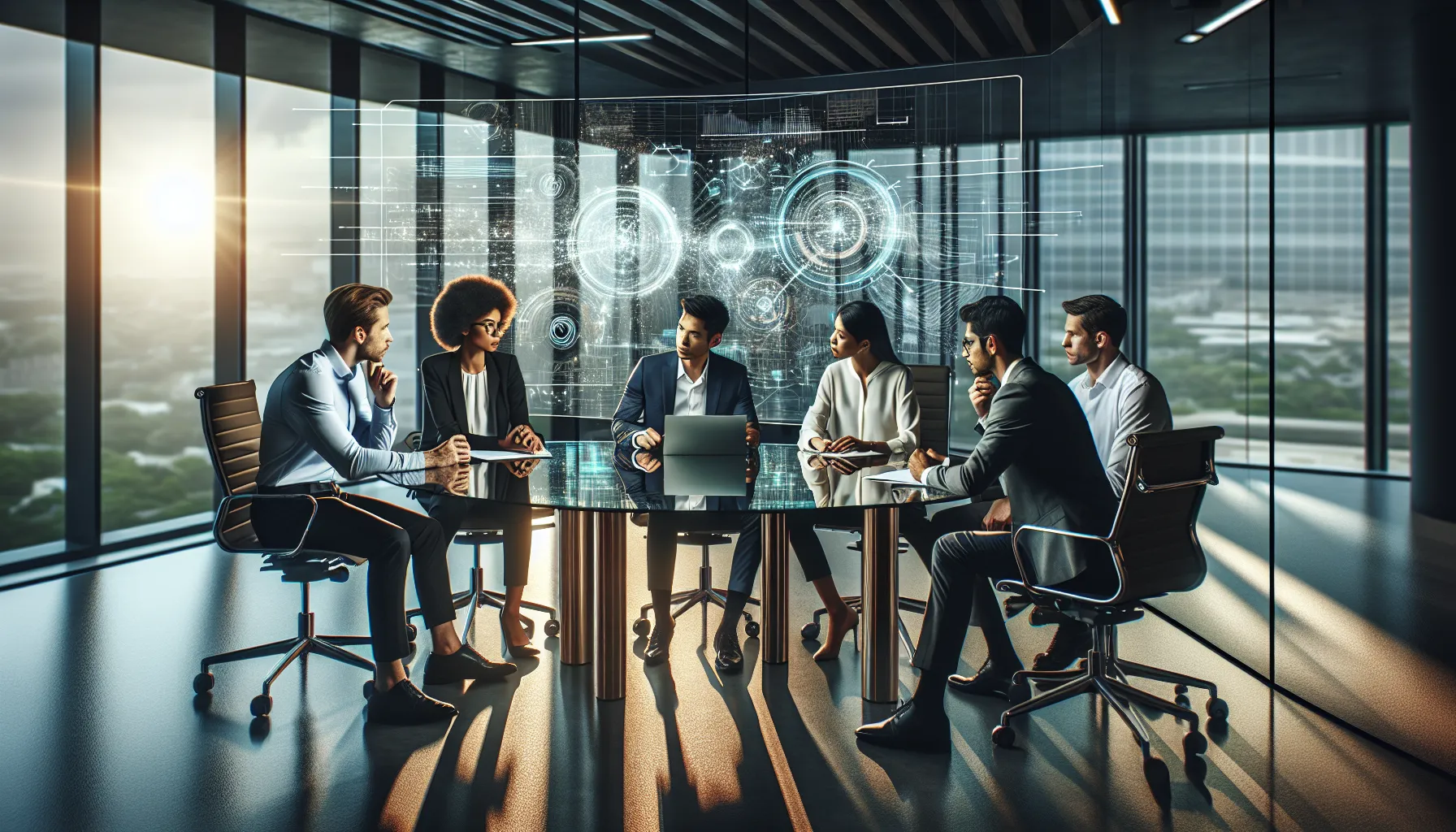 diverse team discussing technology strategies in a modern office.