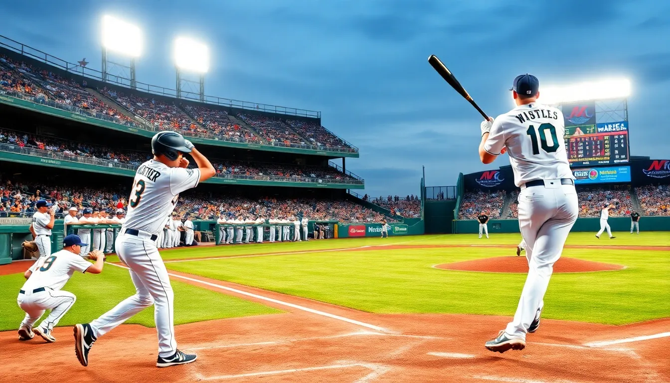 baseball players in action during an inning in a vibrant stadium.