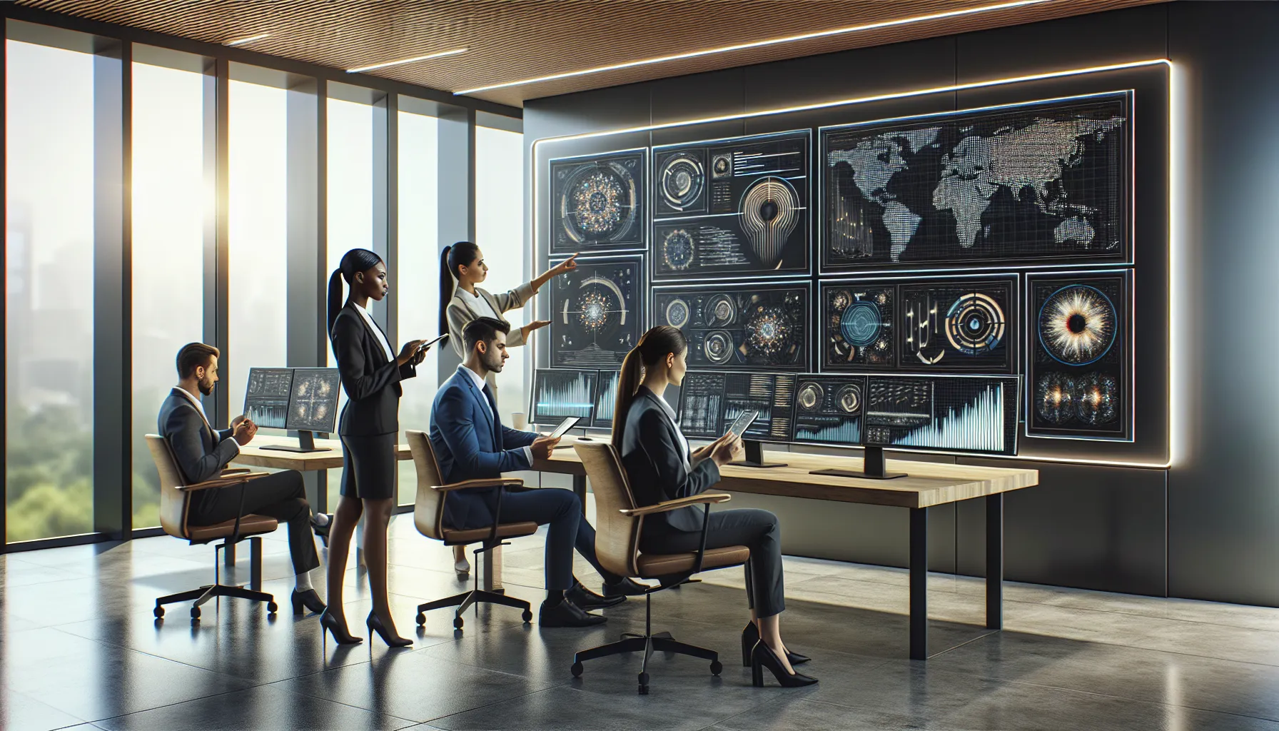 diverse team collaborating with data visualizations in a modern office.