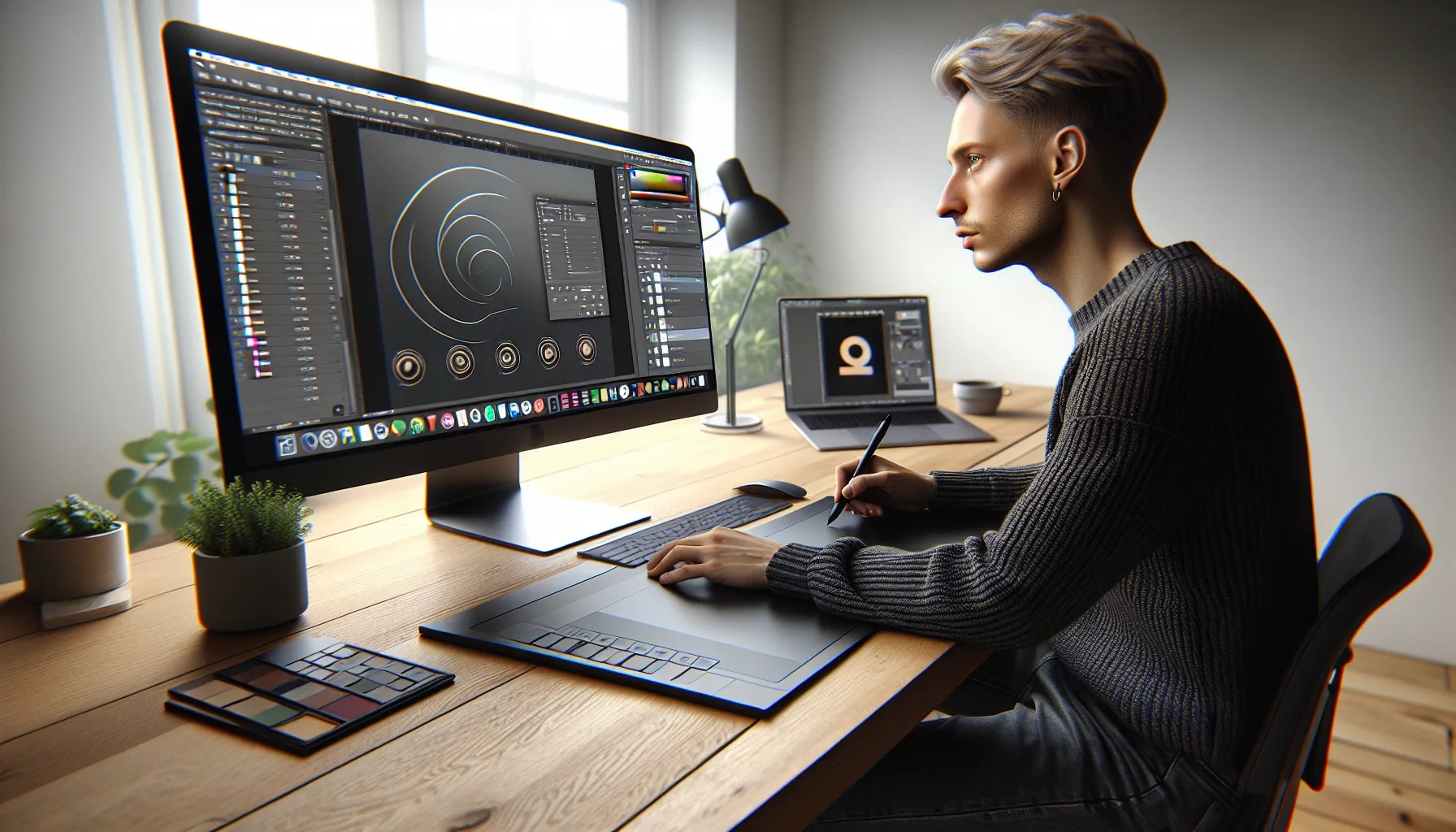 Hvordan teknologi har revolusjonert grafisk design 3 Norwegian designer using modern tools for vector, layers, and real-time collaboration.