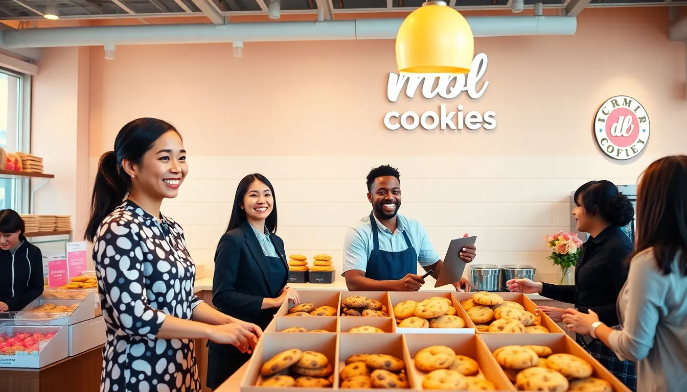 modern Crumbl Cookies shop in San Jose with diverse staff and cookie display.