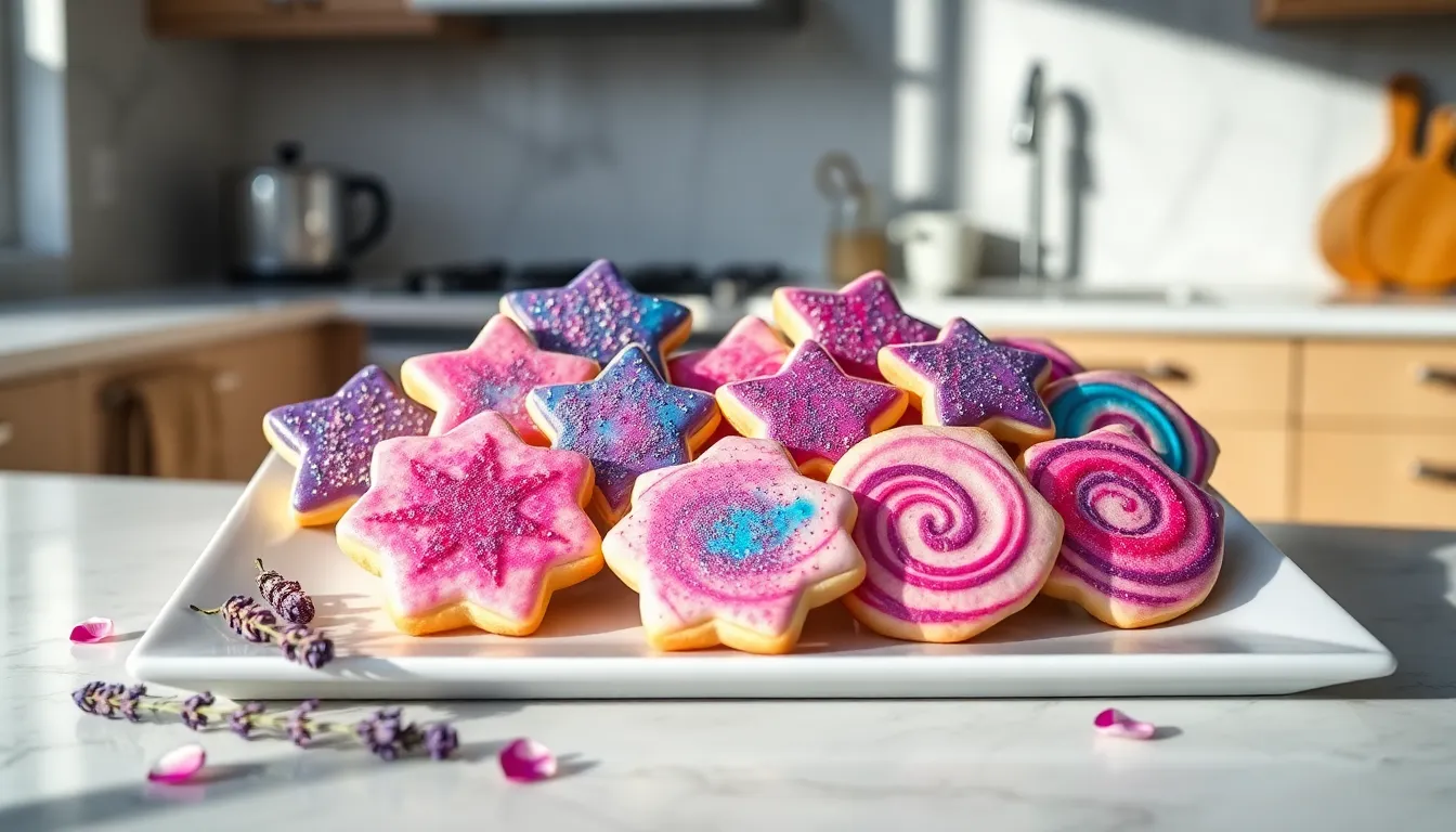 colorful nebula cookies on a white platter in a modern kitchen.