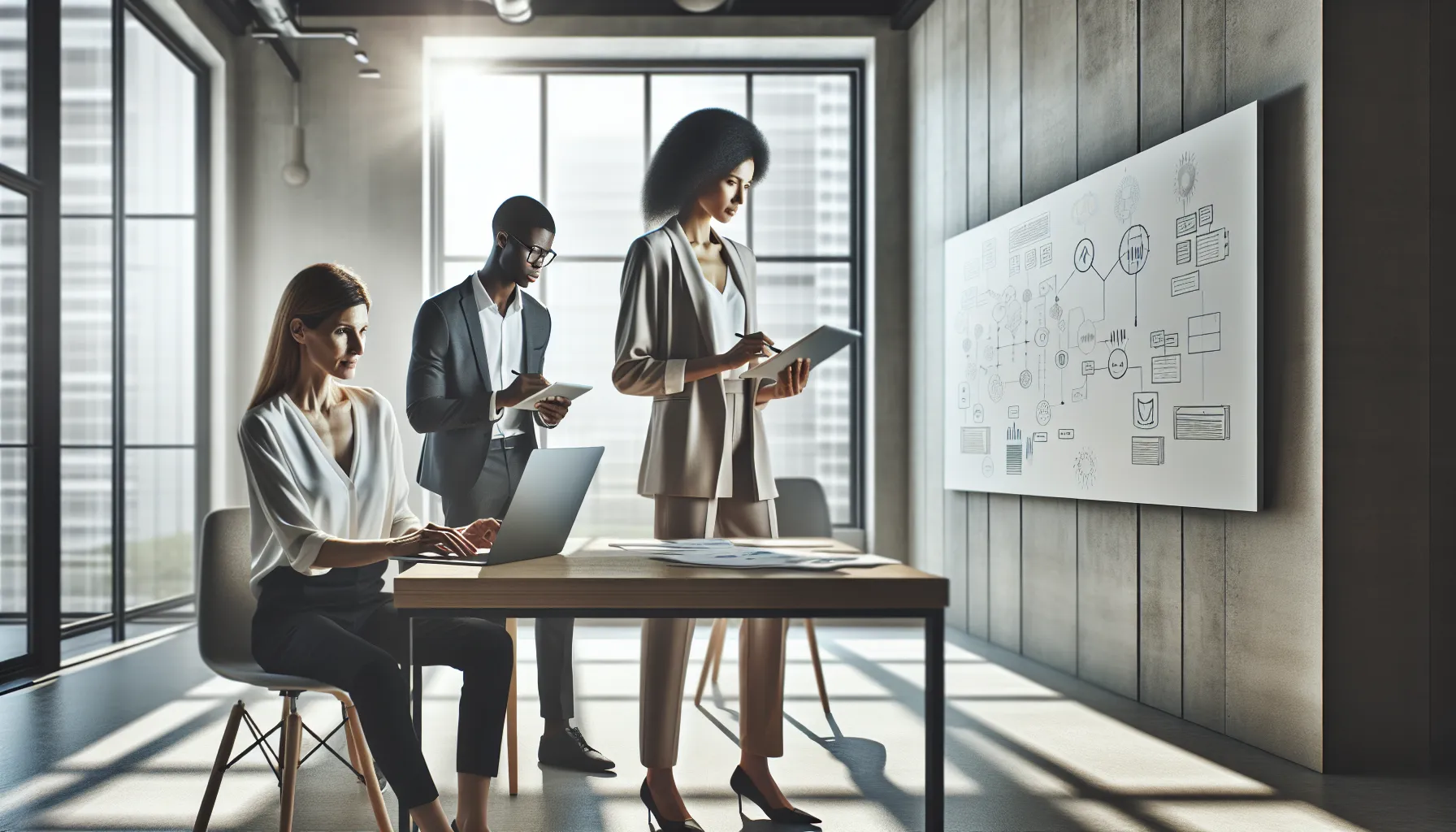 diverse team brainstorming software improvements in a modern office.