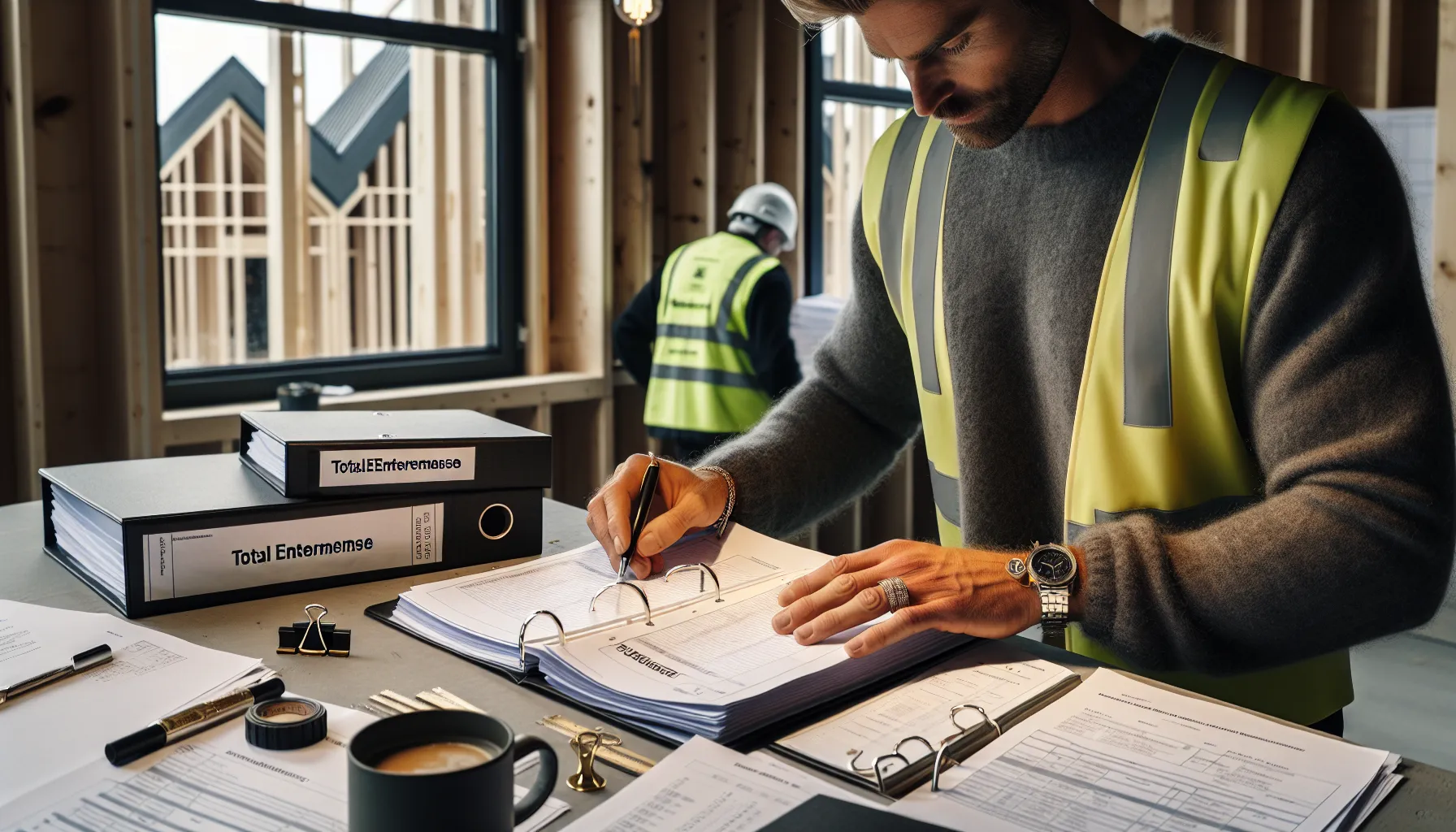 Project manager comparing contract types and safety documents at a norwegian site.