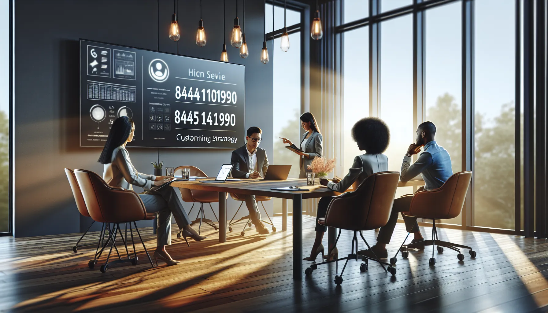 diverse professionals discussing customer service strategies in a modern office.