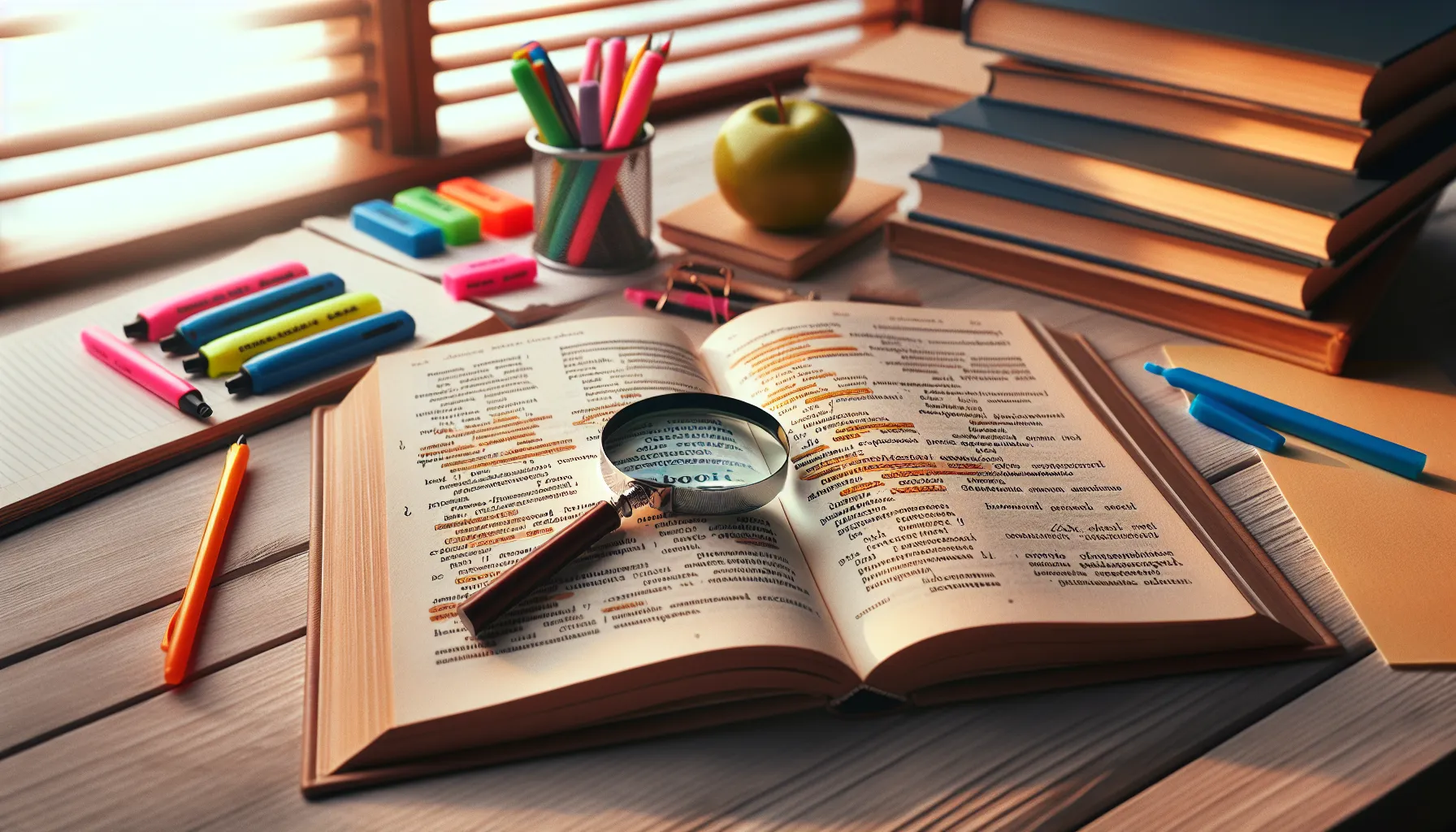 An open book with writing tools on a desk, symbolizing language study.