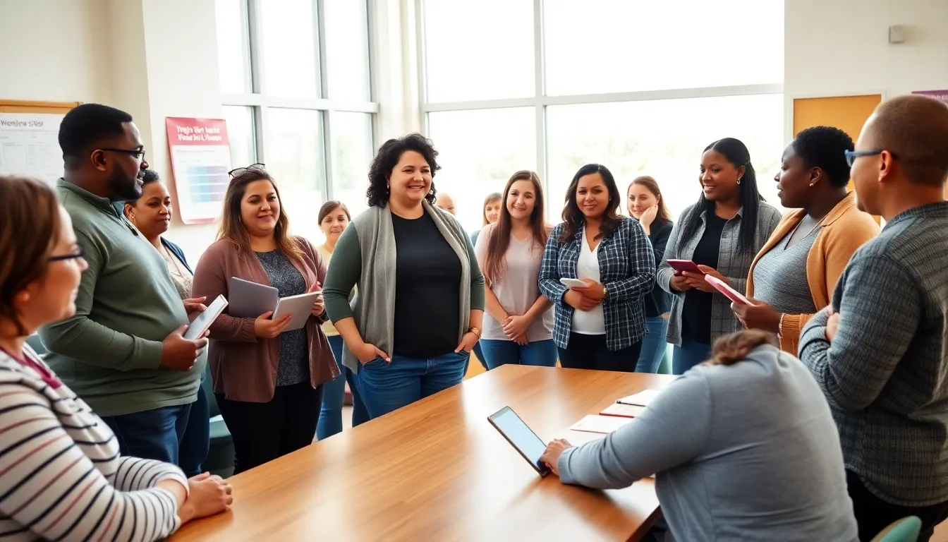 diverse group in a workshop sharing weight loss success stories.