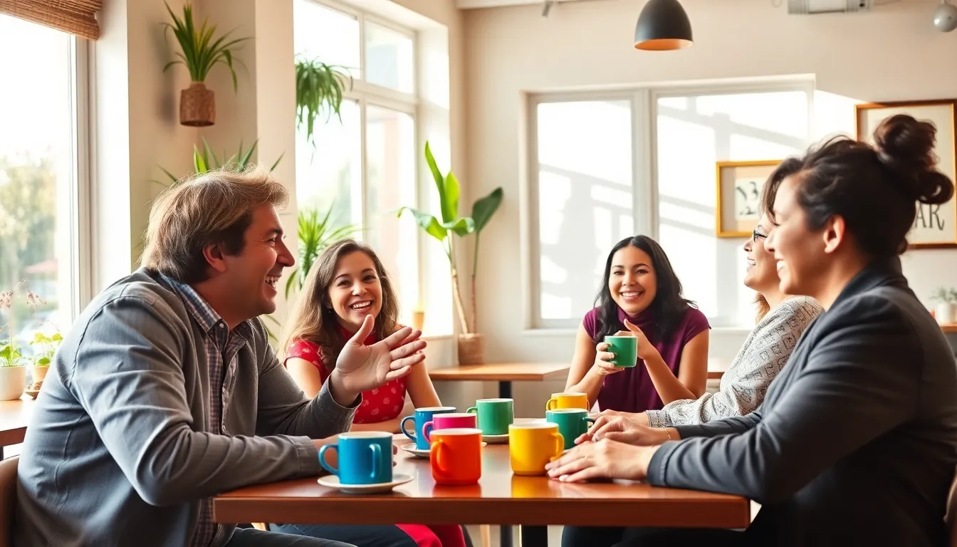diverse group sharing joyful moments in a café.