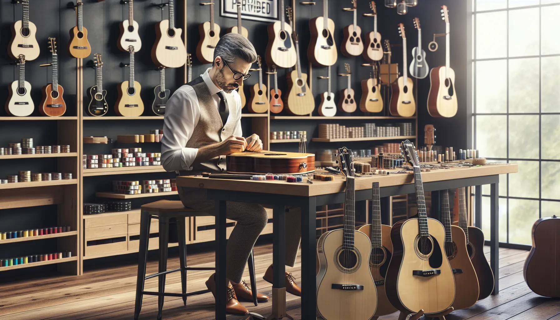 luthier restrings a guitar in a local music shop.