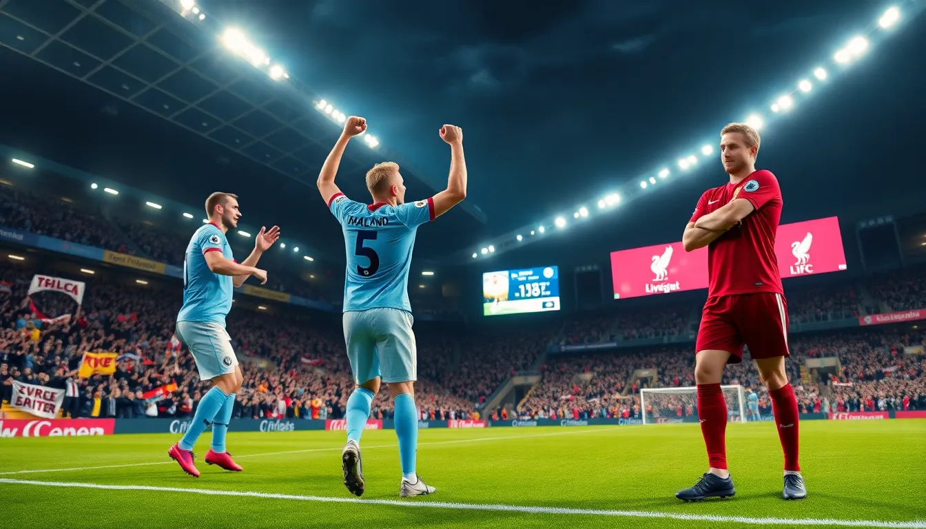Erling Haaland celebrates a goal in an intense football match at night.