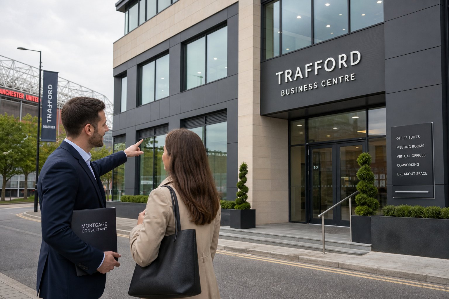 Client and commercial mortgage consultant discussing a modern commercial property exterior in Trafford.