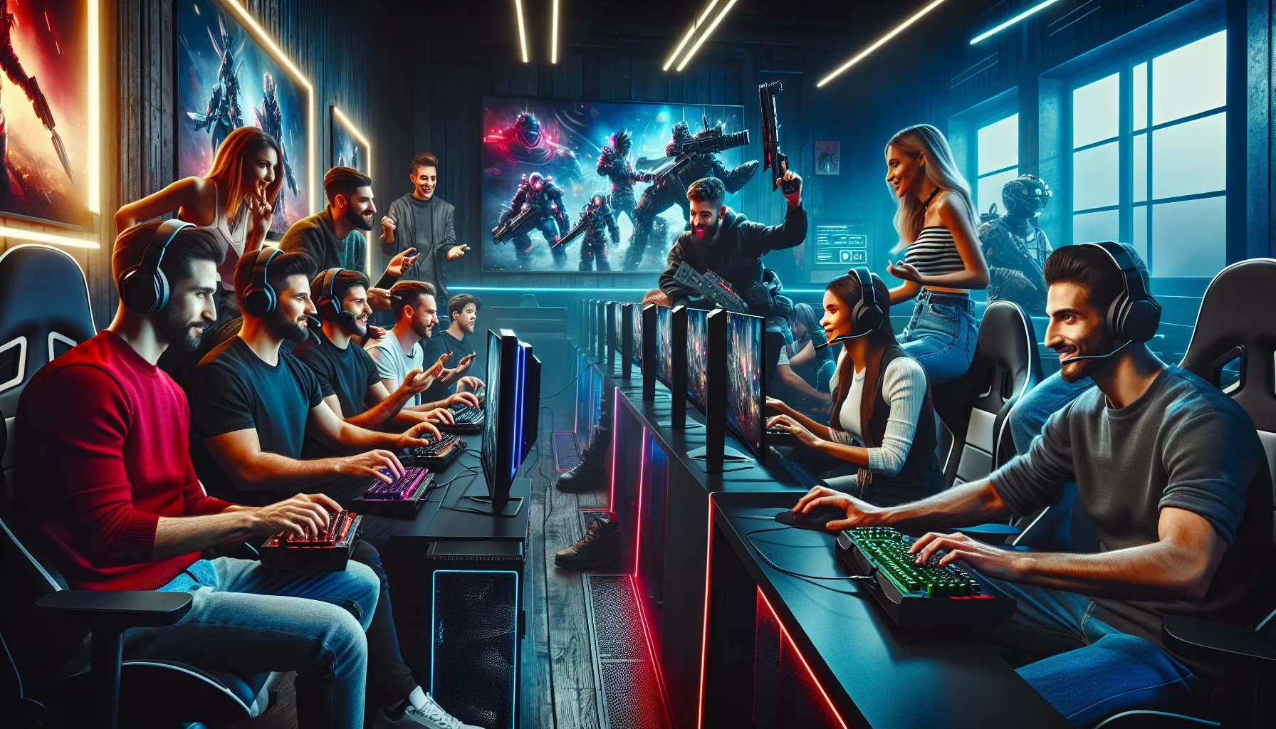 diverse gamers discussing the new game Zhimbom in a modern lounge.