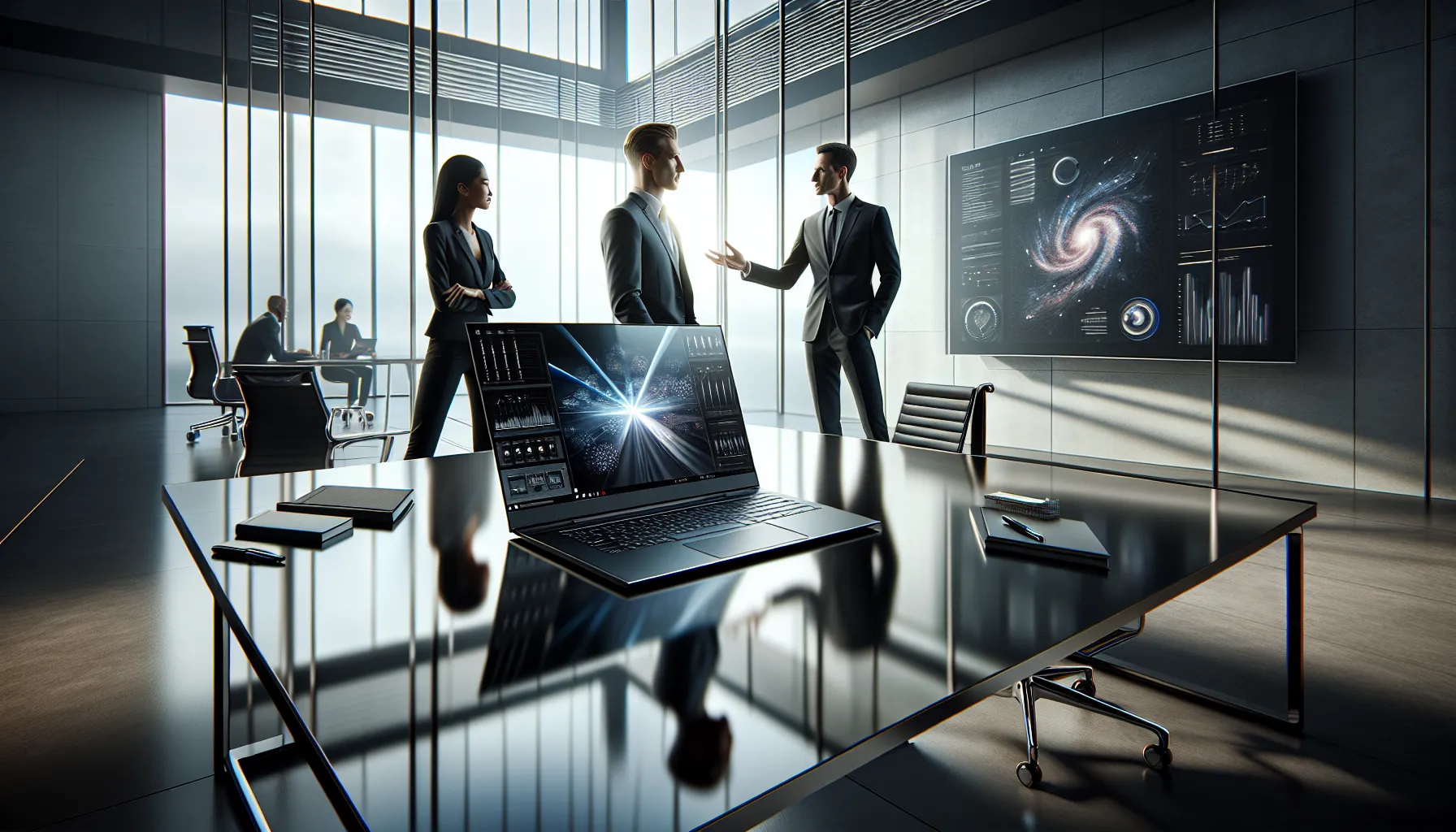 A diverse team collaborates around the Civiliden LL5540 laptop in a modern office.