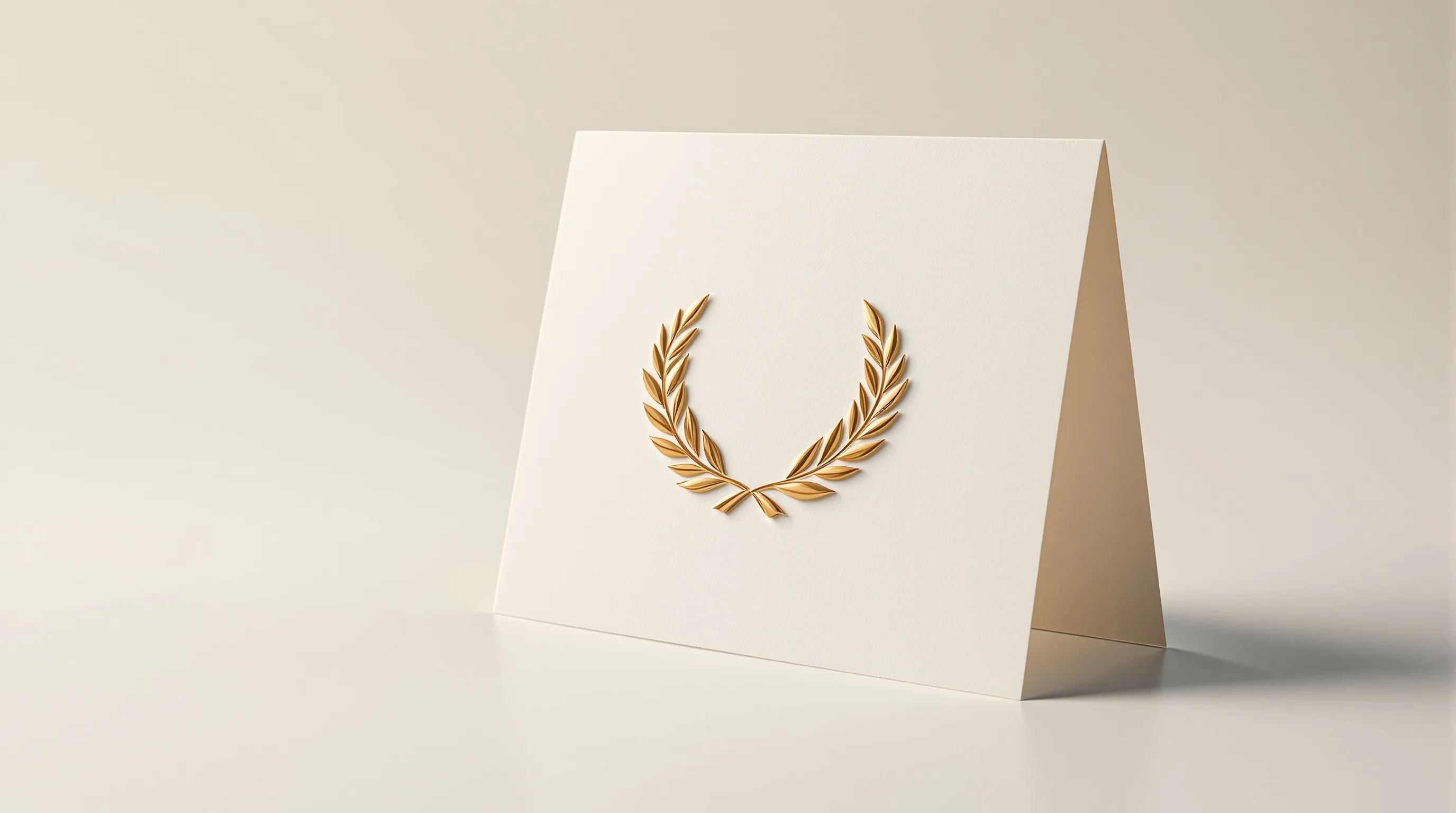 Elegant greeting card with golden laurel wreath on white background.