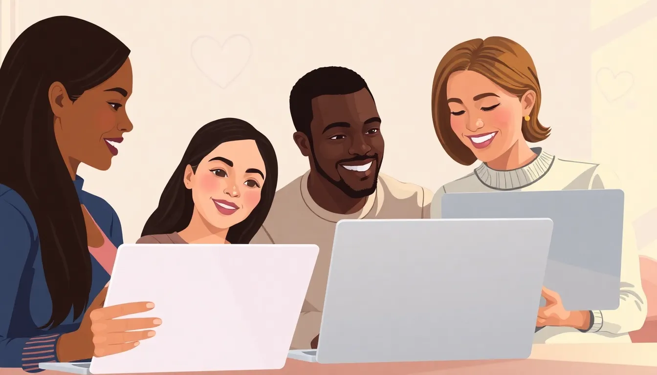 diverse parents supporting each other in an online community setting.