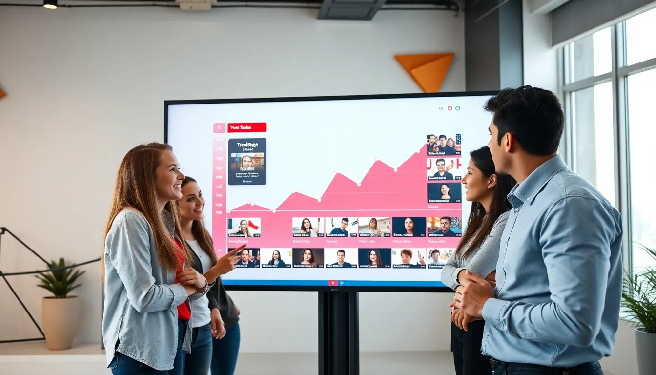 professionals collaborating around a touchscreen displaying YouTube trends.