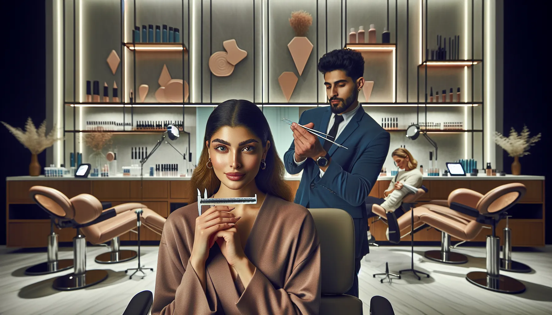 diverse beauty professionals demonstrating eyebrow shaping techniques in a studio.