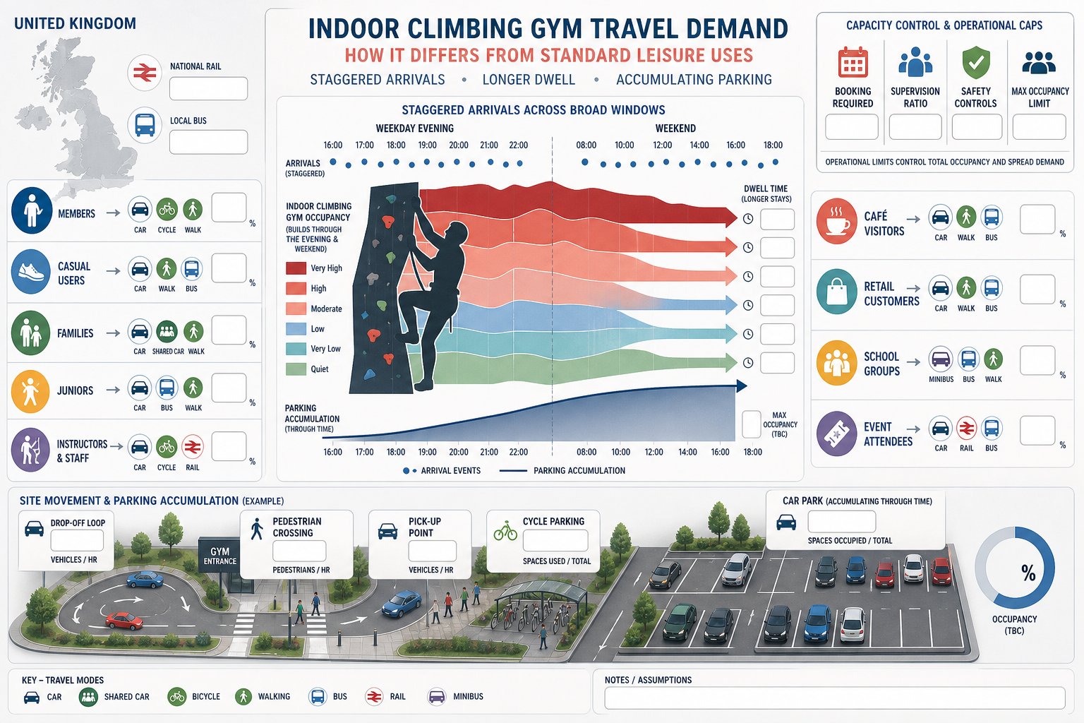Infographic of climbing gym travel patterns, parking buildup, and transport modes in the UK.