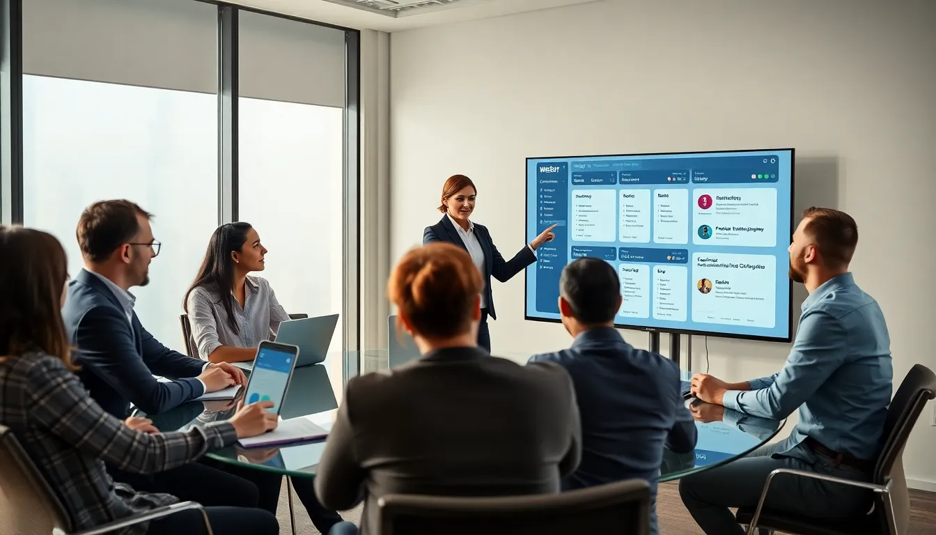 professionals collaborating in a modern office using business management software.