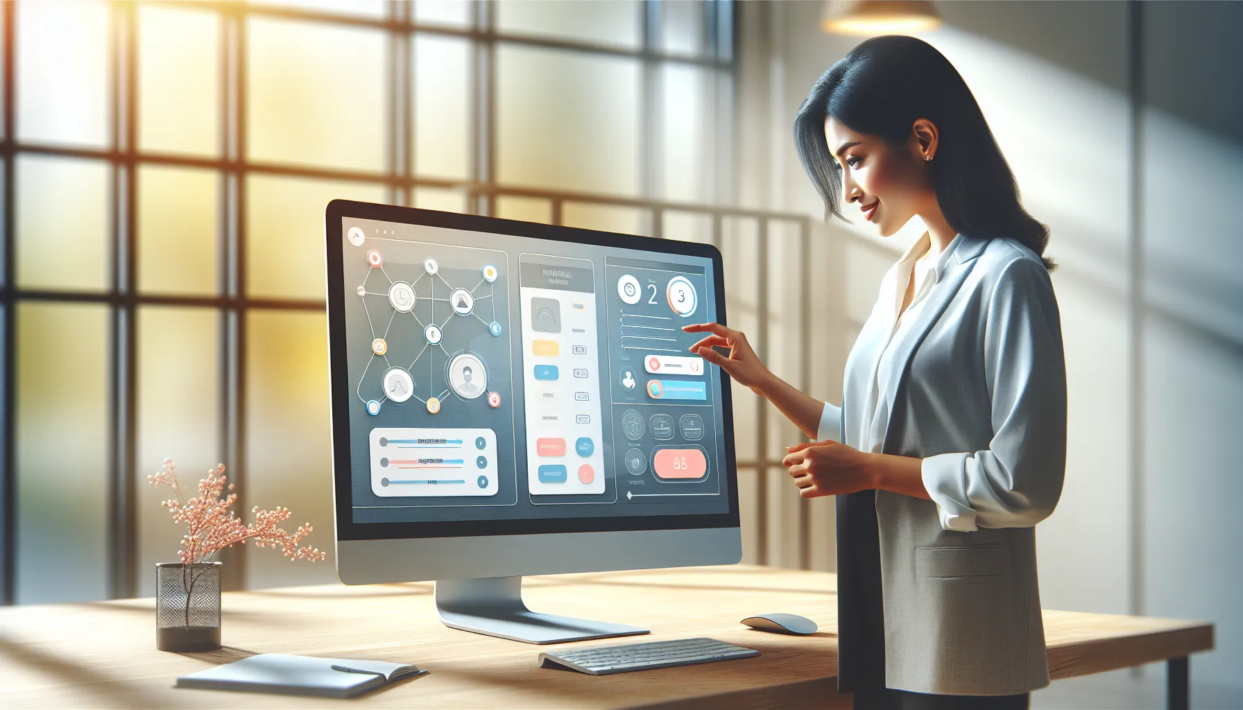user interacting with a sleek digital interface in a modern workspace.