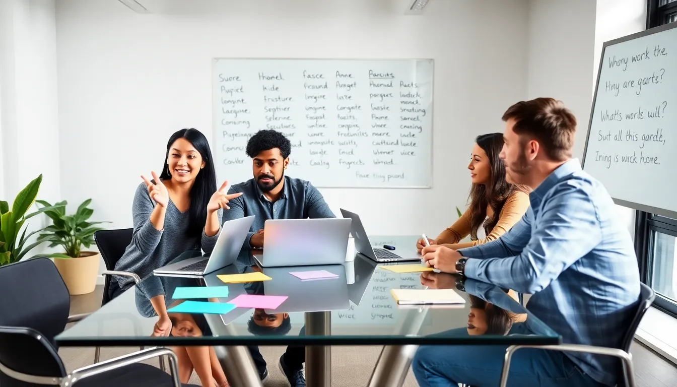 diverse team brainstorming creative poetry ideas in a bright office.