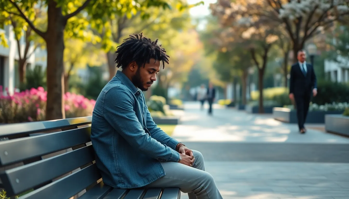 person reflecting on life struggles in a peaceful park setting.