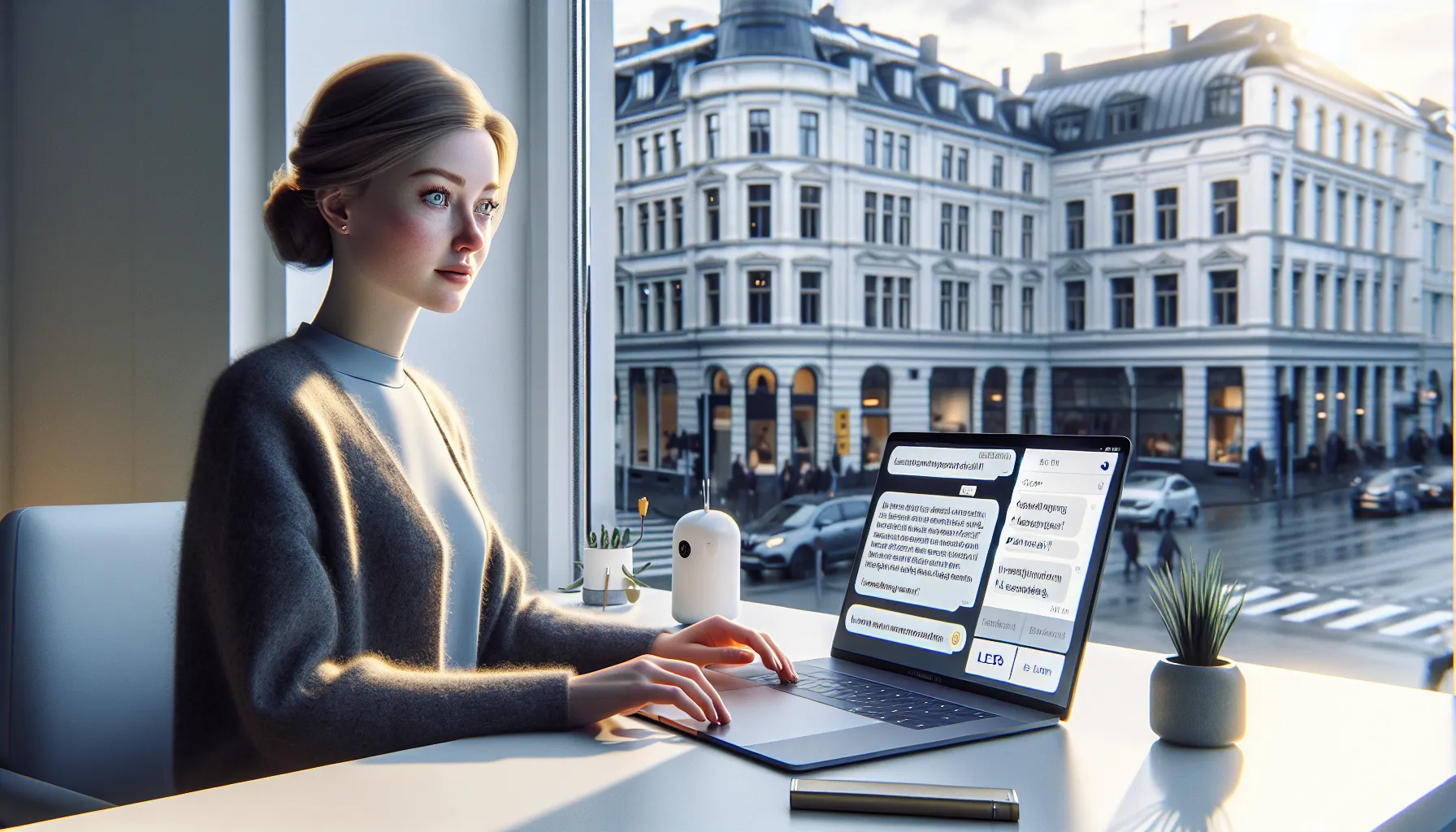 Hvordan ai-drevne chatbots kan forbedre kundeopplevelsen 2 Norwegian office worker views advanced ai chatbot conversation on her laptop screen.