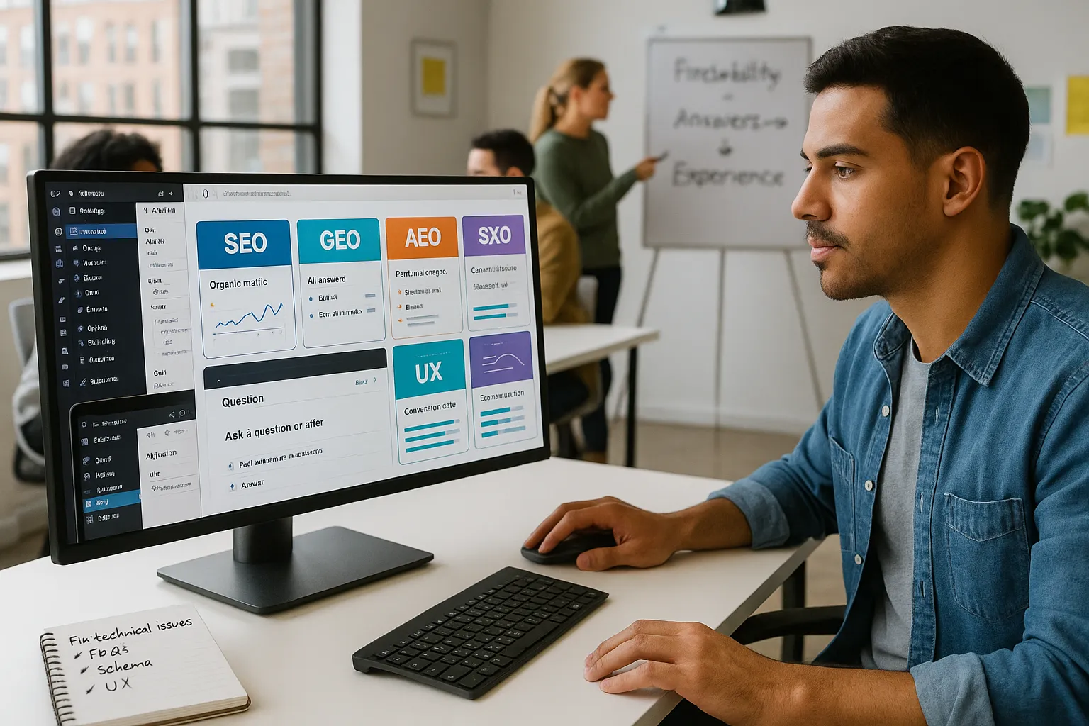 Digital marketer reviewing SEO, GEO, AEO, AIO, and SXO dashboards on a monitor.