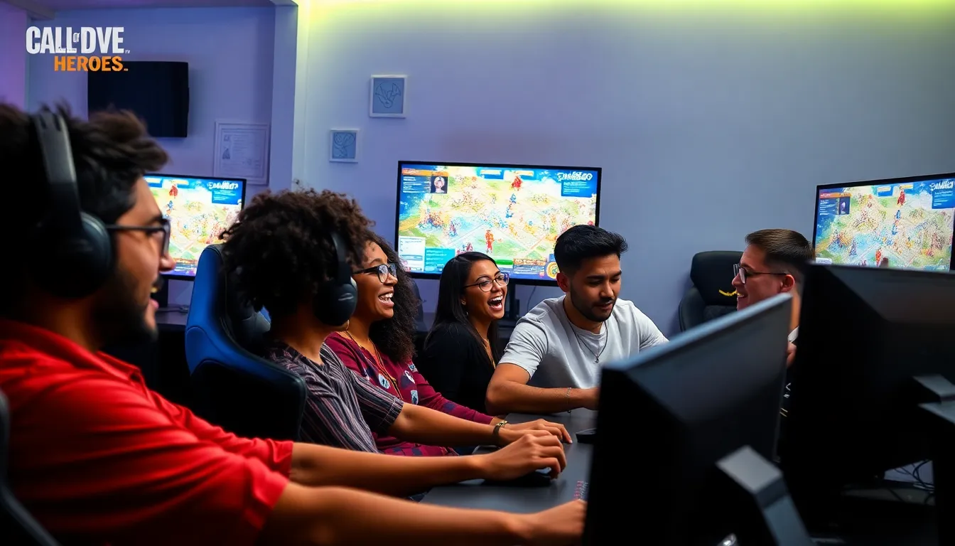 gamers strategizing in a modern gaming room.