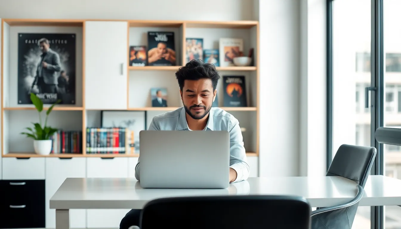 Filmywap Xyz: Your Ultimate Guide to Downloading Movies and More 8 professional viewing Filmywap XYZ on a modern laptop in a bright office.