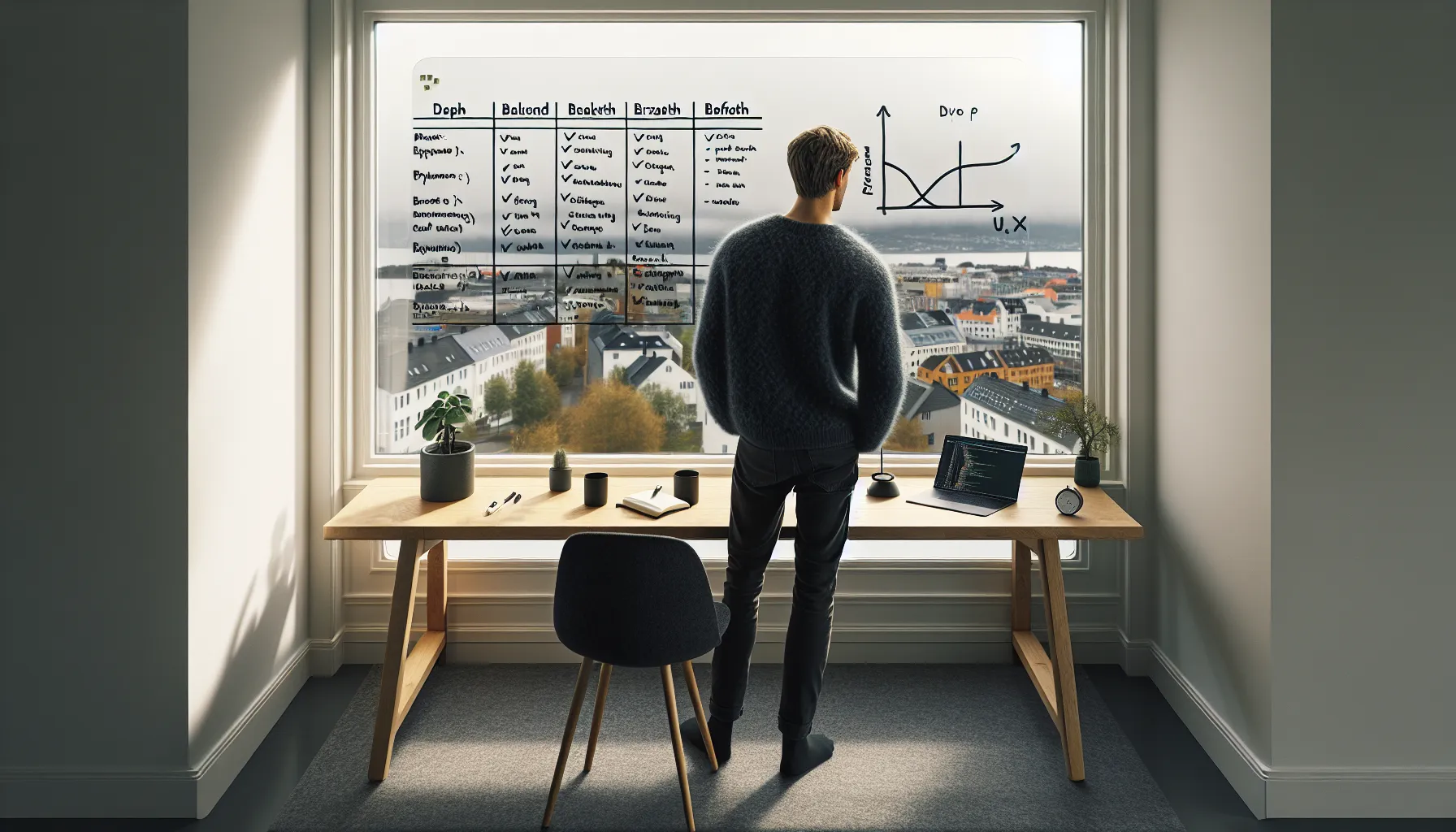 Norwegian learner plans it career path on a glass board beside laptop.