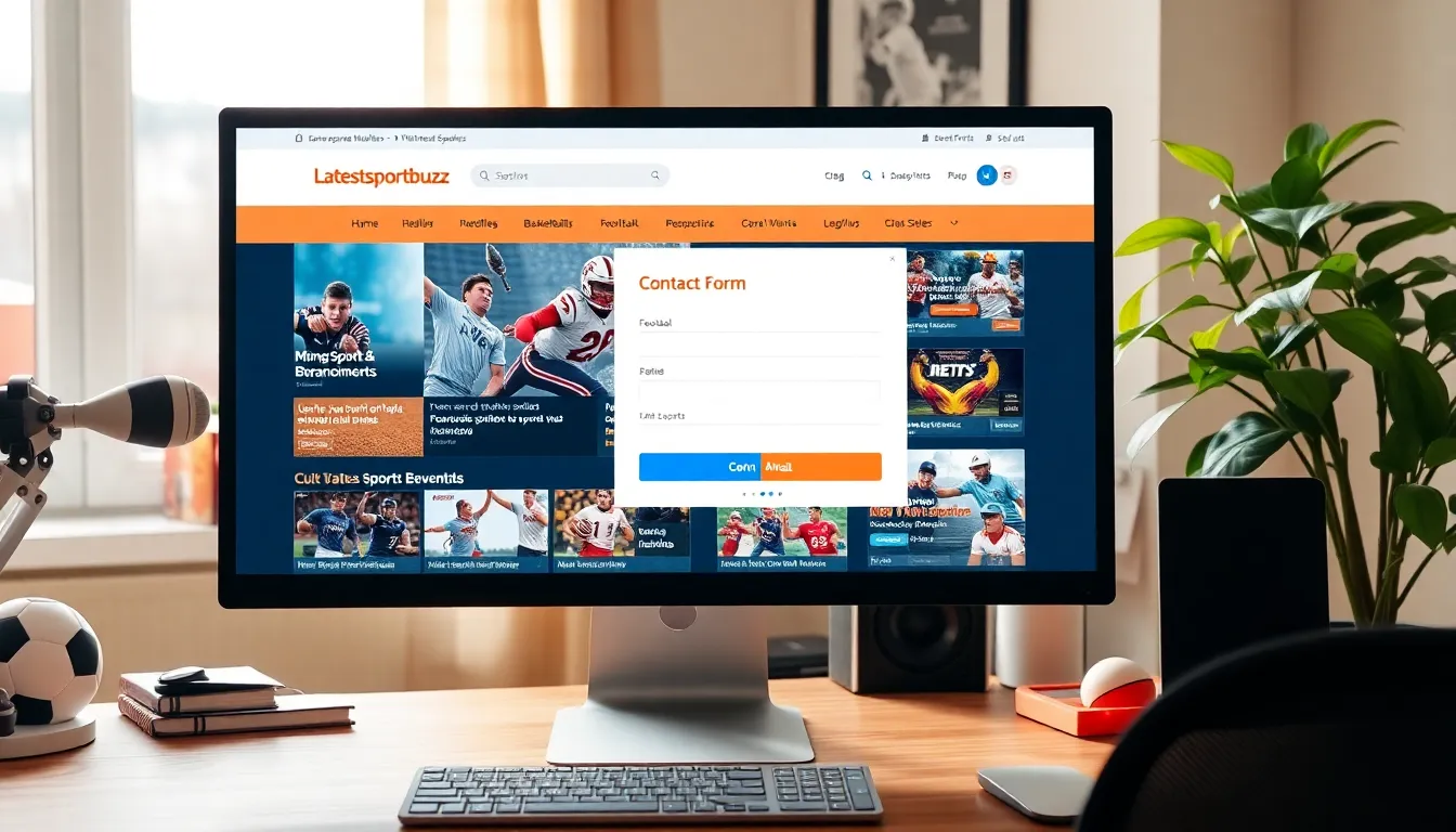 a computer screen displaying the Latestsportsbuzz website with a contact form.