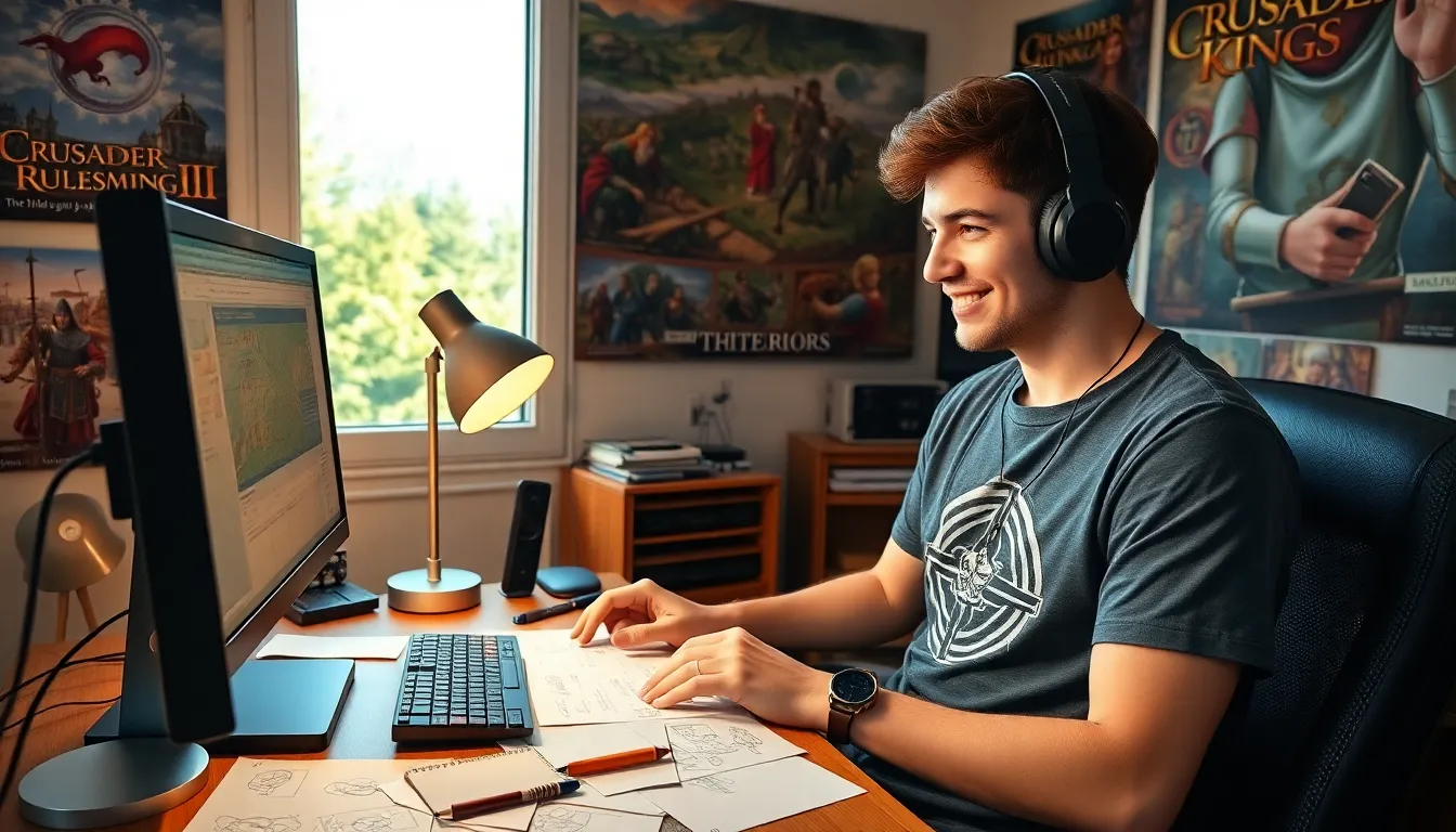 A young man creating characters in his home office using CK2Generator.